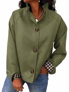 Womens Army Green Ruffled Stand-up Collar Long Sleeve Button Down Trench Coat